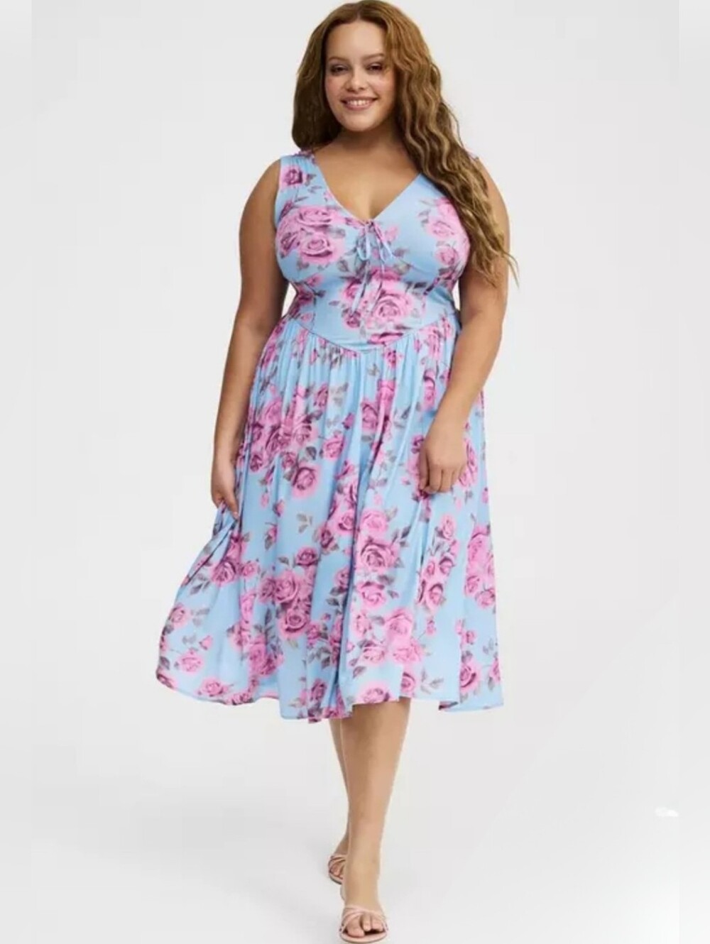 NWT Torrid Corset Detail Midi Dress Sz 00 M/L 10 Blue Pink Floral *CU-3736